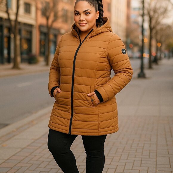 HFX Quilted Puffer Coat 2X Jacket Plus XXL Camel Tan Lightweight 3/4 Length - Picture 3 of 16